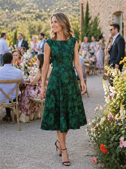 Floral Print Jacquard Cap Sleeve Wedding Guest Dress