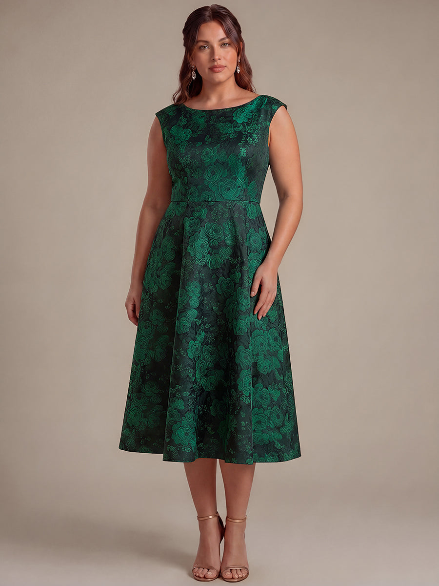 Plus Size Floral Jacquard Tea-Length A-Line Wedding Guest Dress