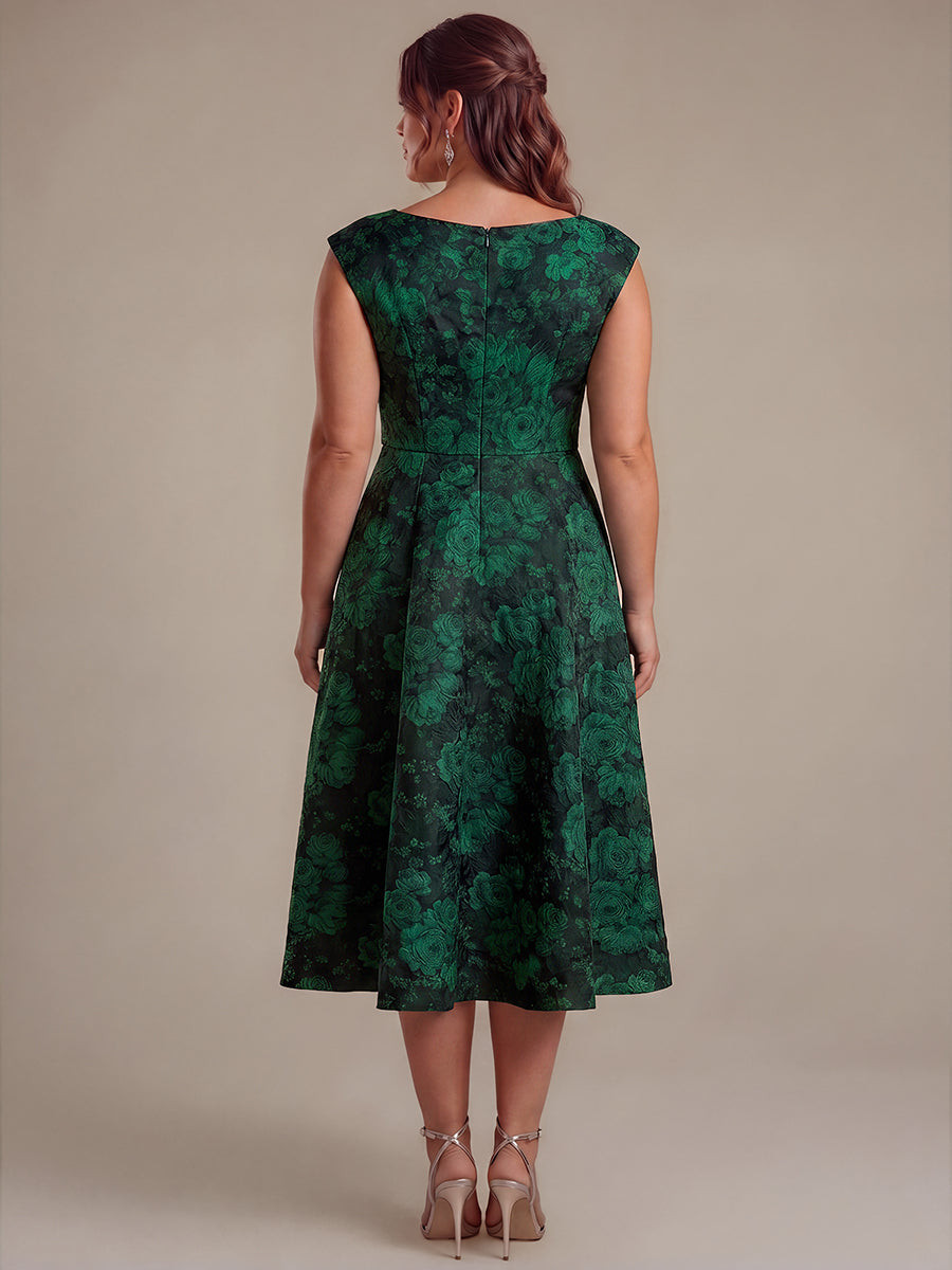 Floral Print Jacquard Cap Sleeve Wedding Guest Dress
