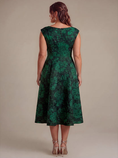 Floral Print Jacquard Cap Sleeve Wedding Guest Dress