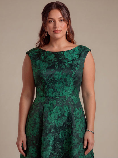 Plus Size Floral Jacquard Tea-Length A-Line Wedding Guest Dress
