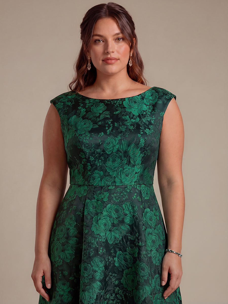 Floral Print Jacquard Cap Sleeve Wedding Guest Dress