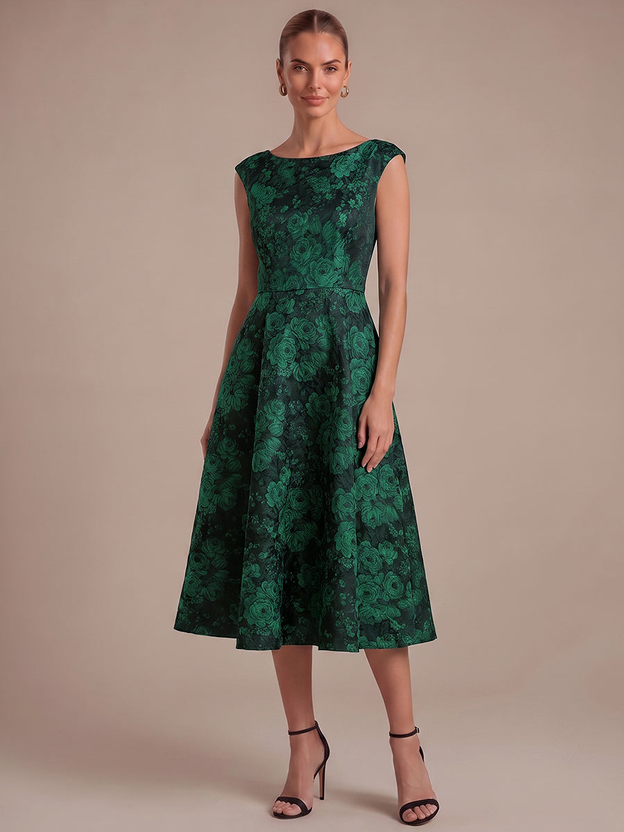 Floral Print Jacquard Cap Sleeve Wedding Guest Dress