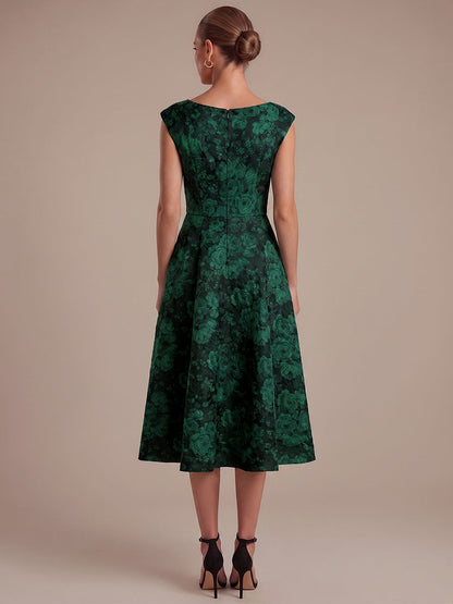 Floral Print Jacquard Cap Sleeve Wedding Guest Dress