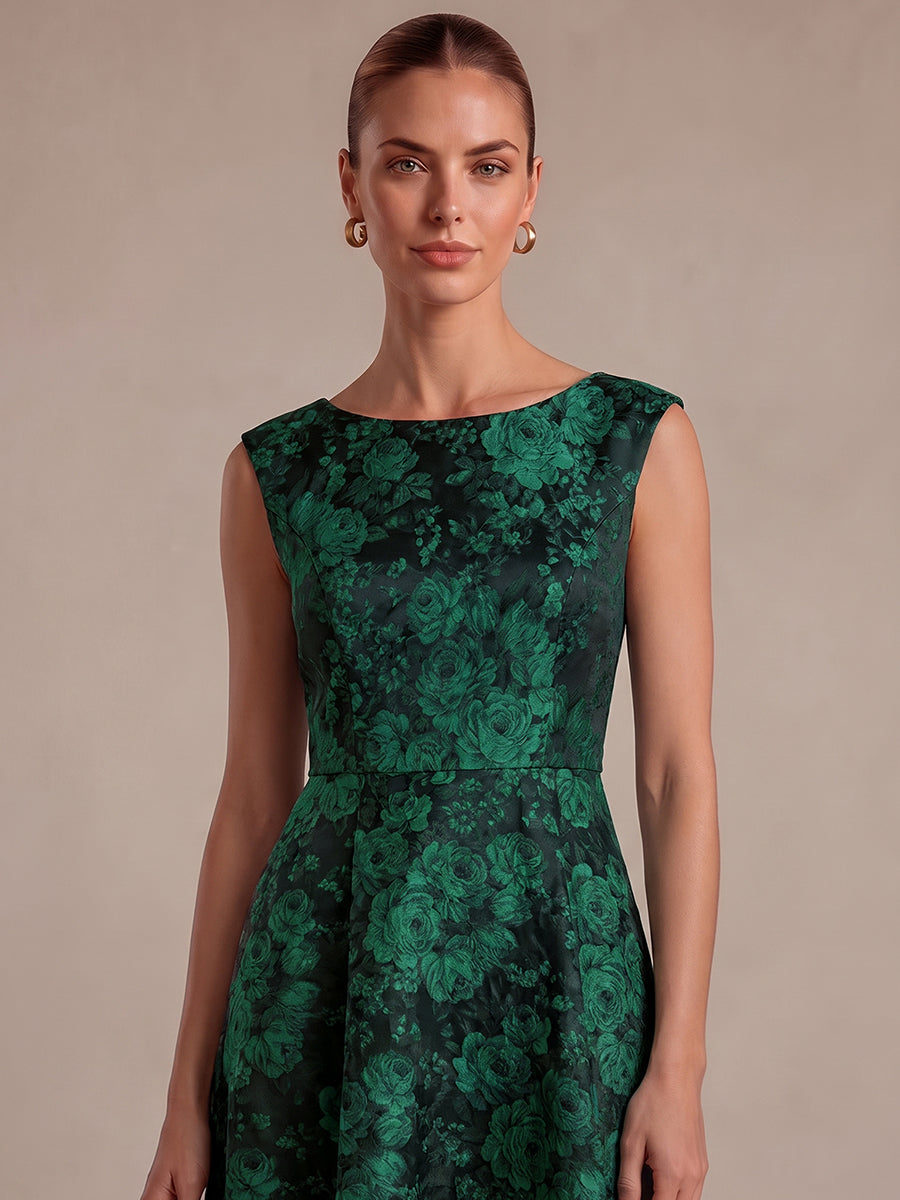 Floral Print Jacquard Cap Sleeve Wedding Guest Dress