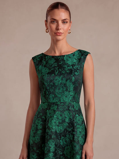 Floral Print Jacquard Cap Sleeve Wedding Guest Dress