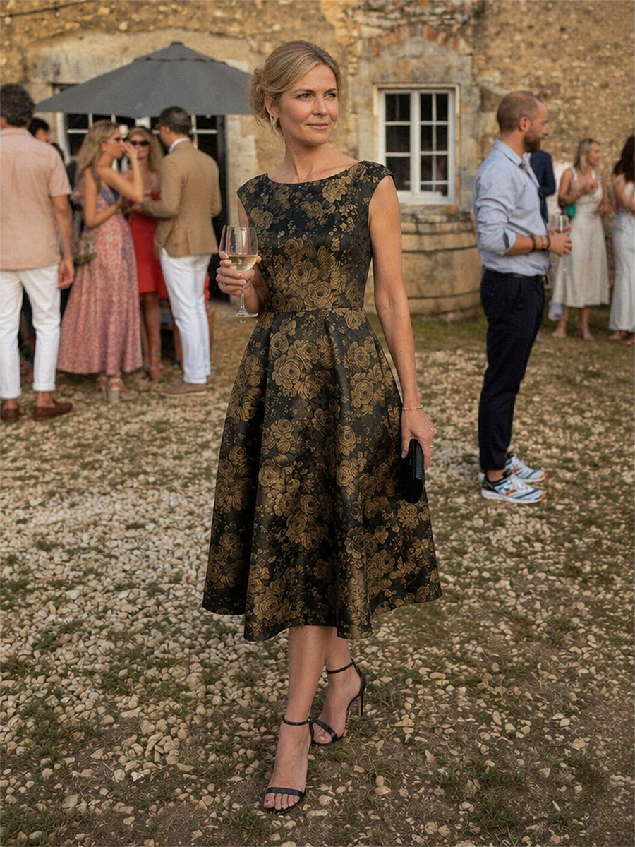 Floral Print Jacquard Cap Sleeve Wedding Guest Dress