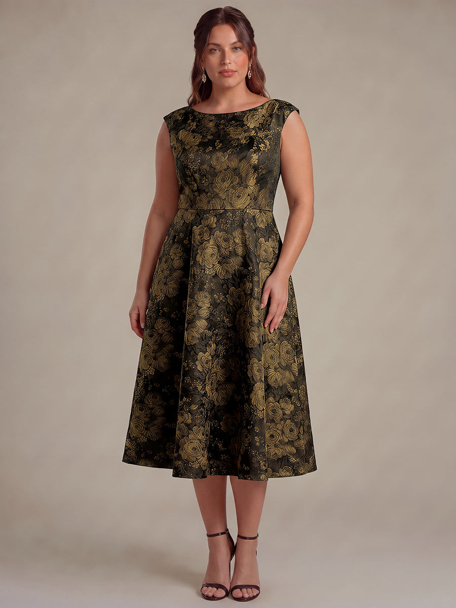 Plus Size Floral Jacquard Tea-Length A-Line Wedding Guest Dress