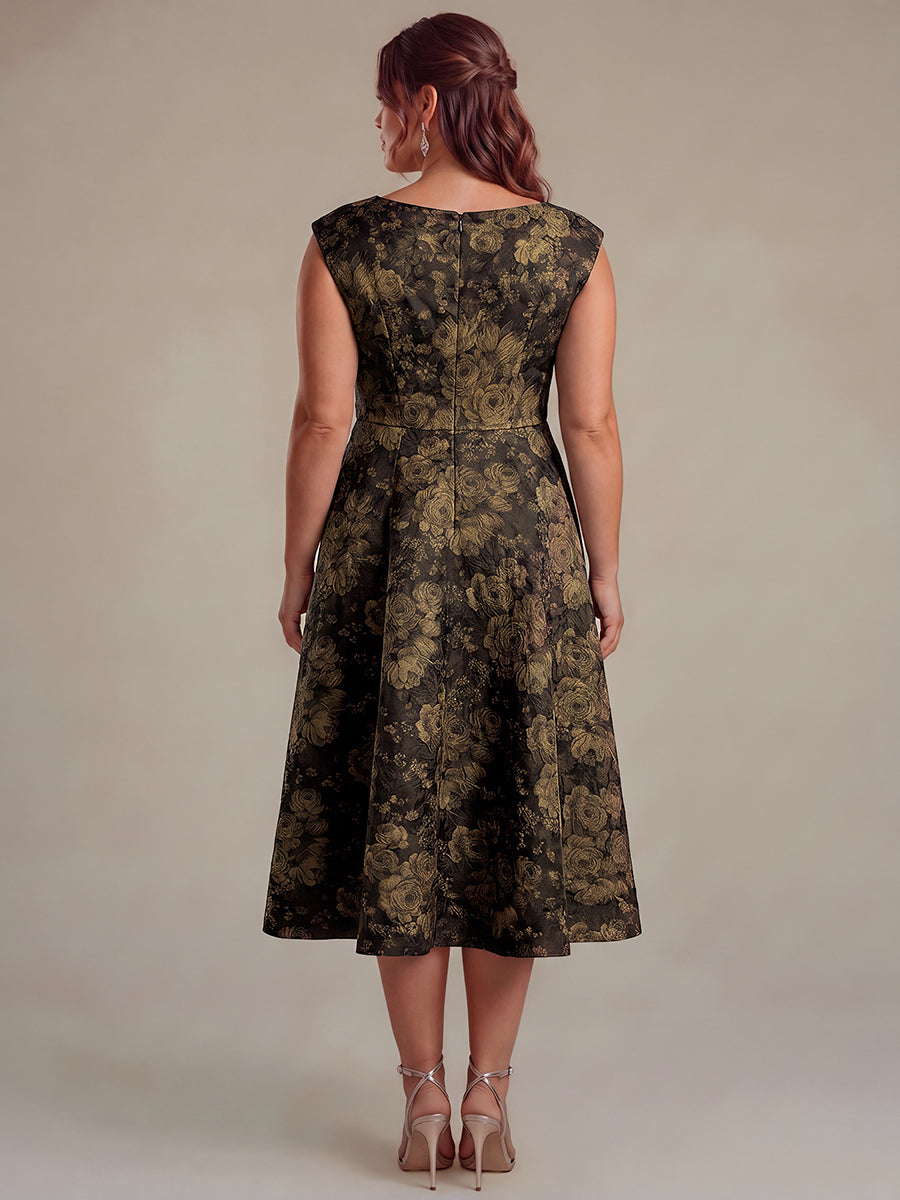 Floral Print Jacquard Cap Sleeve Wedding Guest Dress