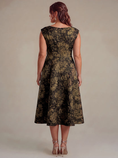 Floral Print Jacquard Cap Sleeve Wedding Guest Dress