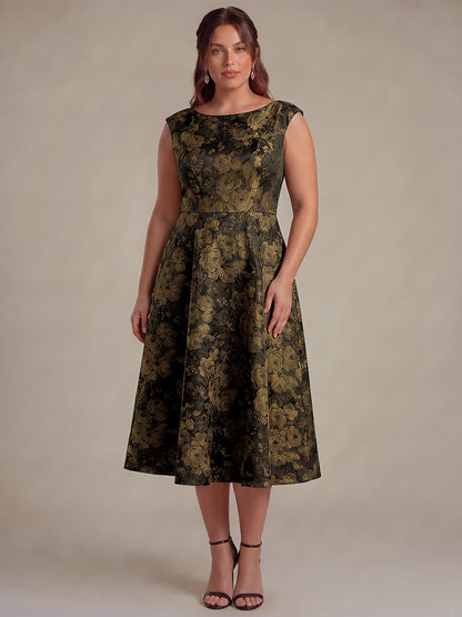 Floral Print Jacquard Cap Sleeve Wedding Guest Dress