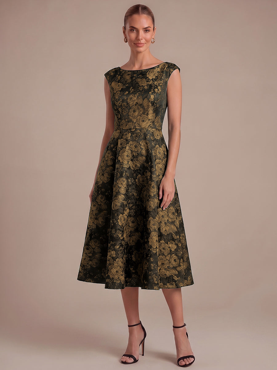 Floral Print Jacquard Cap Sleeve Wedding Guest Dress