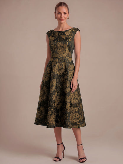 Floral Print Jacquard Cap Sleeve Wedding Guest Dress