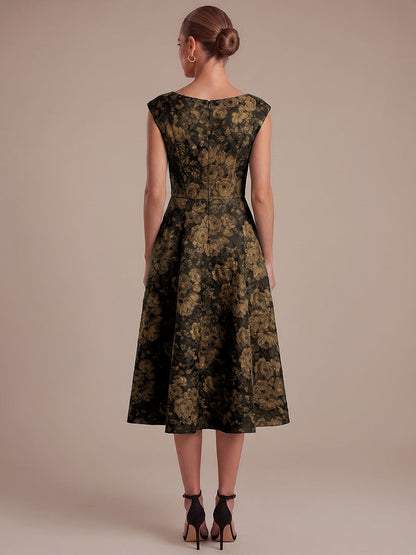 Floral Print Jacquard Cap Sleeve Wedding Guest Dress