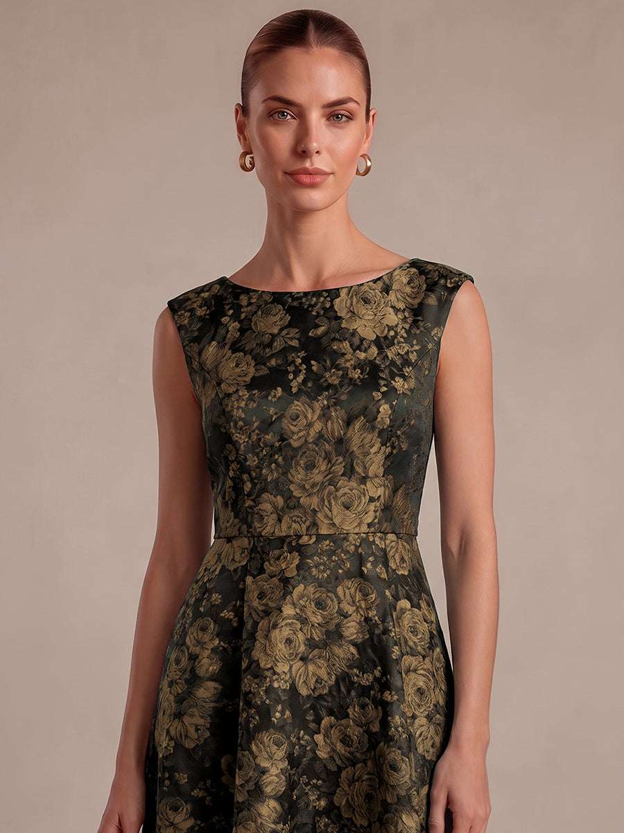 Floral Print Jacquard Cap Sleeve Wedding Guest Dress