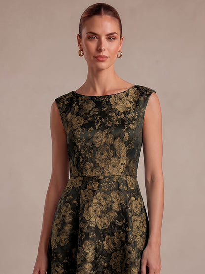 Floral Print Jacquard Cap Sleeve Wedding Guest Dress