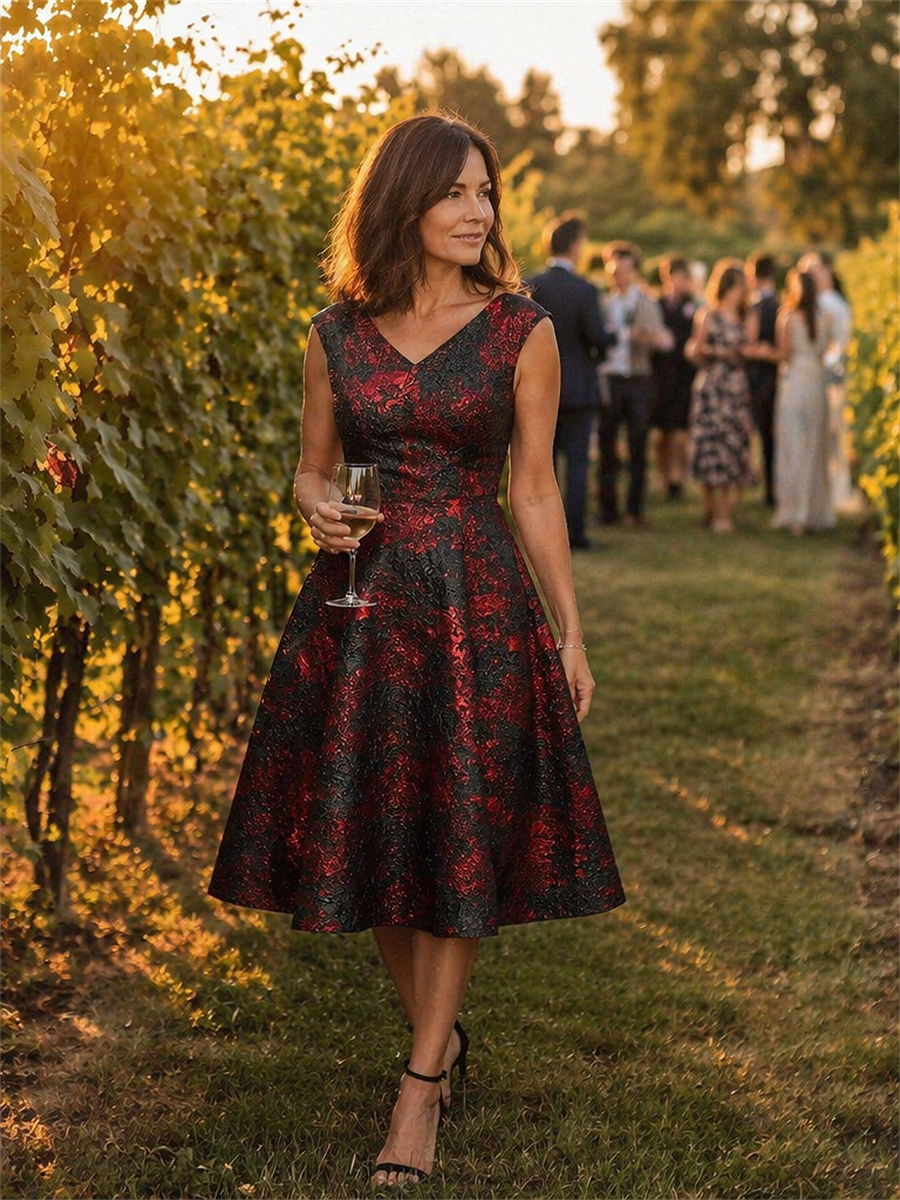 Jacquard Cap Sleeve A-Line Wedding Guest Dress