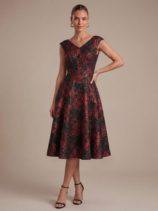 Jacquard Cap Sleeve A-Line Wedding Guest Dress