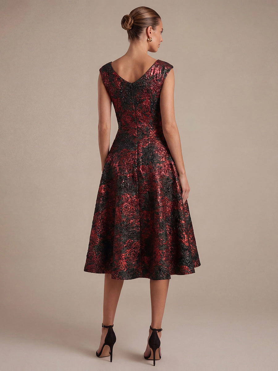 Jacquard Cap Sleeve A-Line Wedding Guest Dress