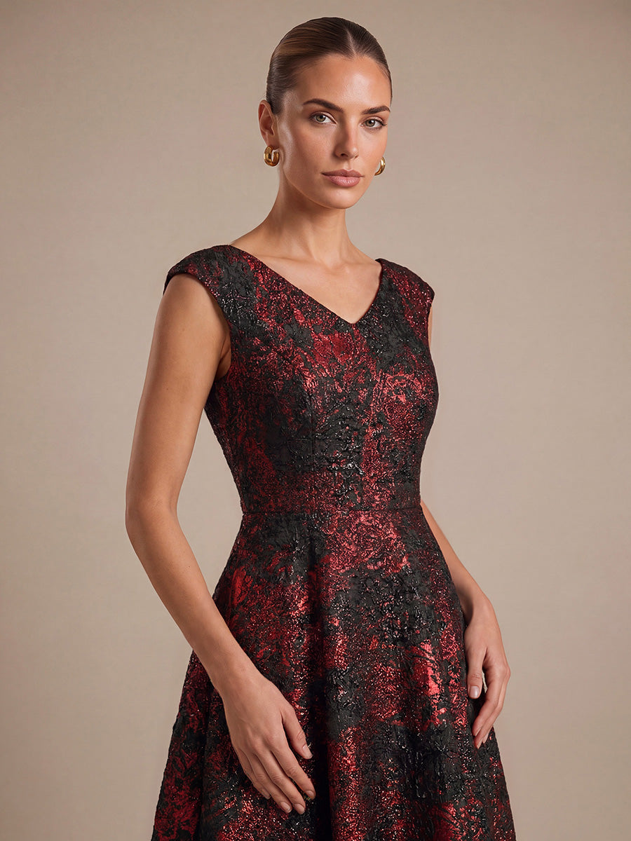 Jacquard Cap Sleeve A-Line Wedding Guest Dress