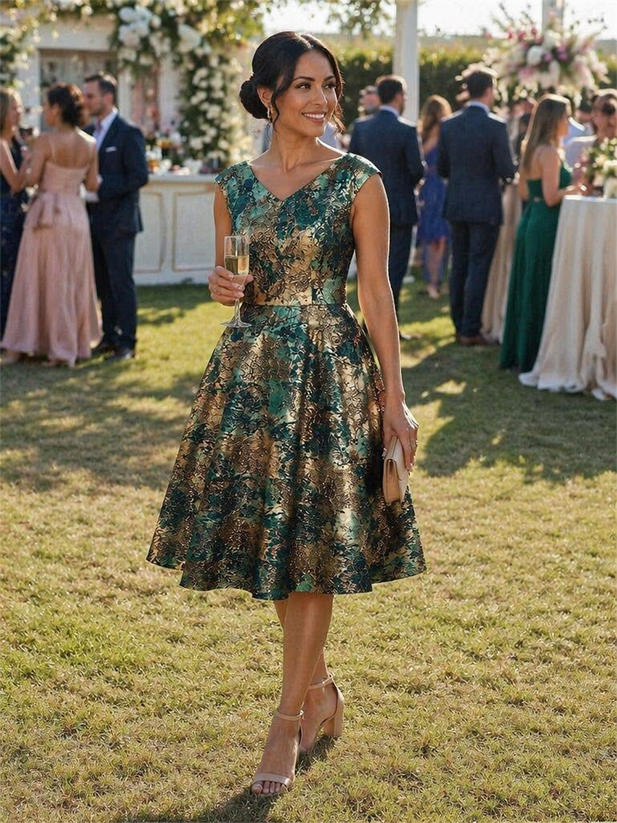 Jacquard Cap Sleeve A-Line Wedding Guest Dress