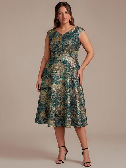 Jacquard Cap Sleeve A-Line Wedding Guest Dress
