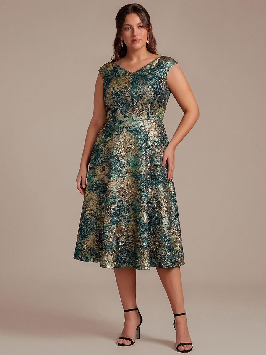 Plus Size Jacquard Double A-Line Midi Wedding Guest Dress