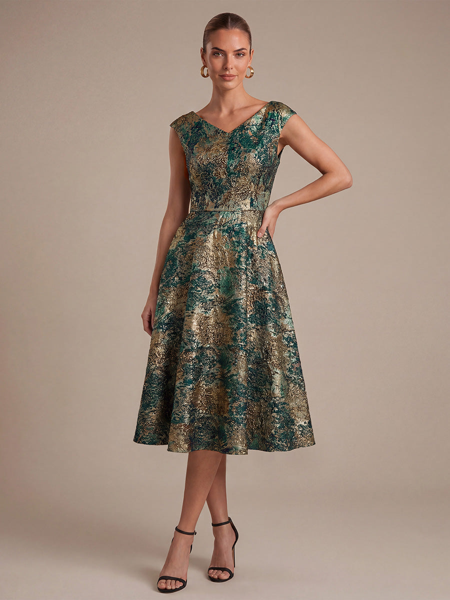 Jacquard Cap Sleeve A-Line Wedding Guest Dress