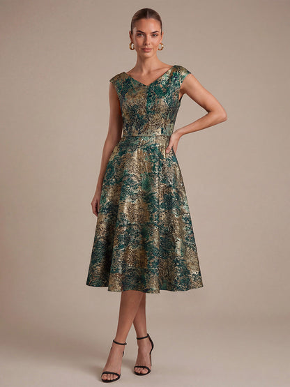 Jacquard Cap Sleeve A-Line Wedding Guest Dress