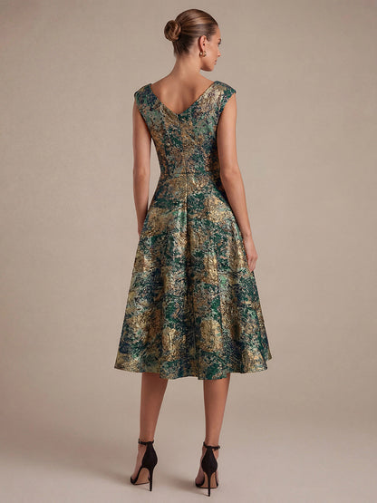 Jacquard Cap Sleeve A-Line Wedding Guest Dress