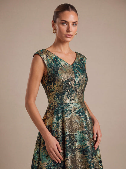 Jacquard Cap Sleeve A-Line Wedding Guest Dress