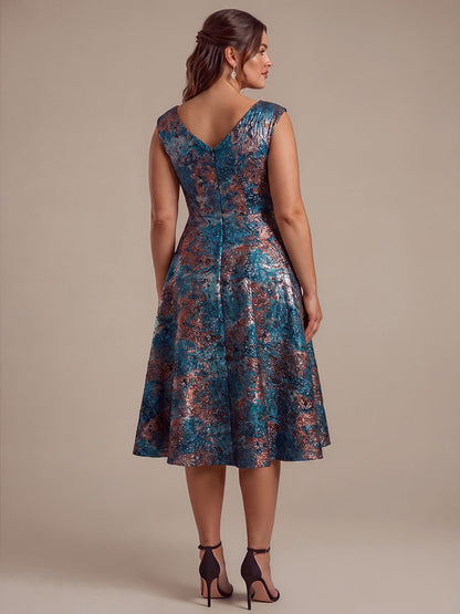 Jacquard Cap Sleeve A-Line Wedding Guest Dress