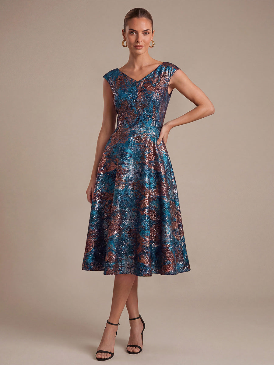 Jacquard Cap Sleeve A-Line Wedding Guest Dress