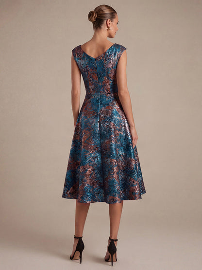 Jacquard Cap Sleeve A-Line Wedding Guest Dress