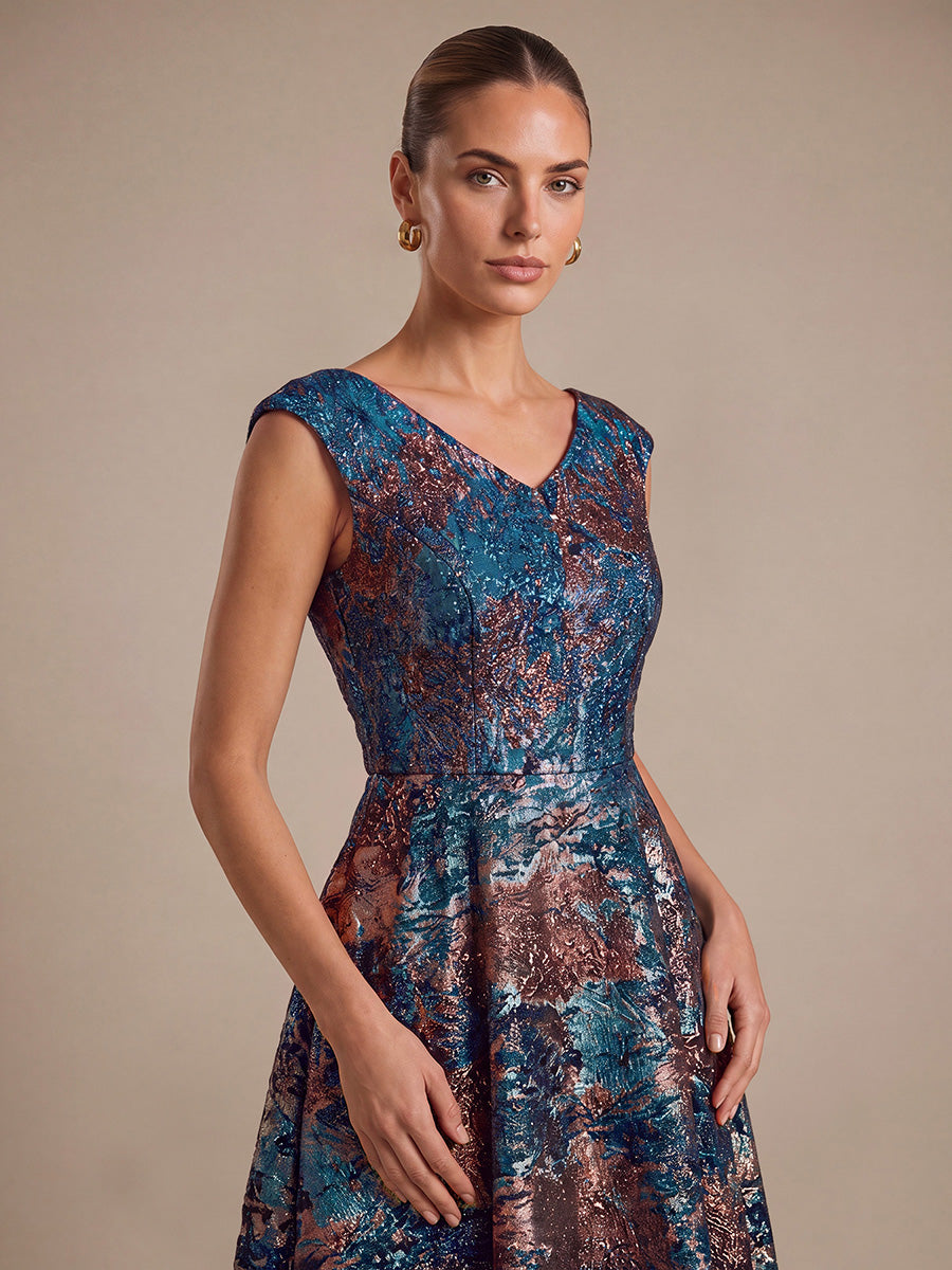 Jacquard Cap Sleeve A-Line Wedding Guest Dress