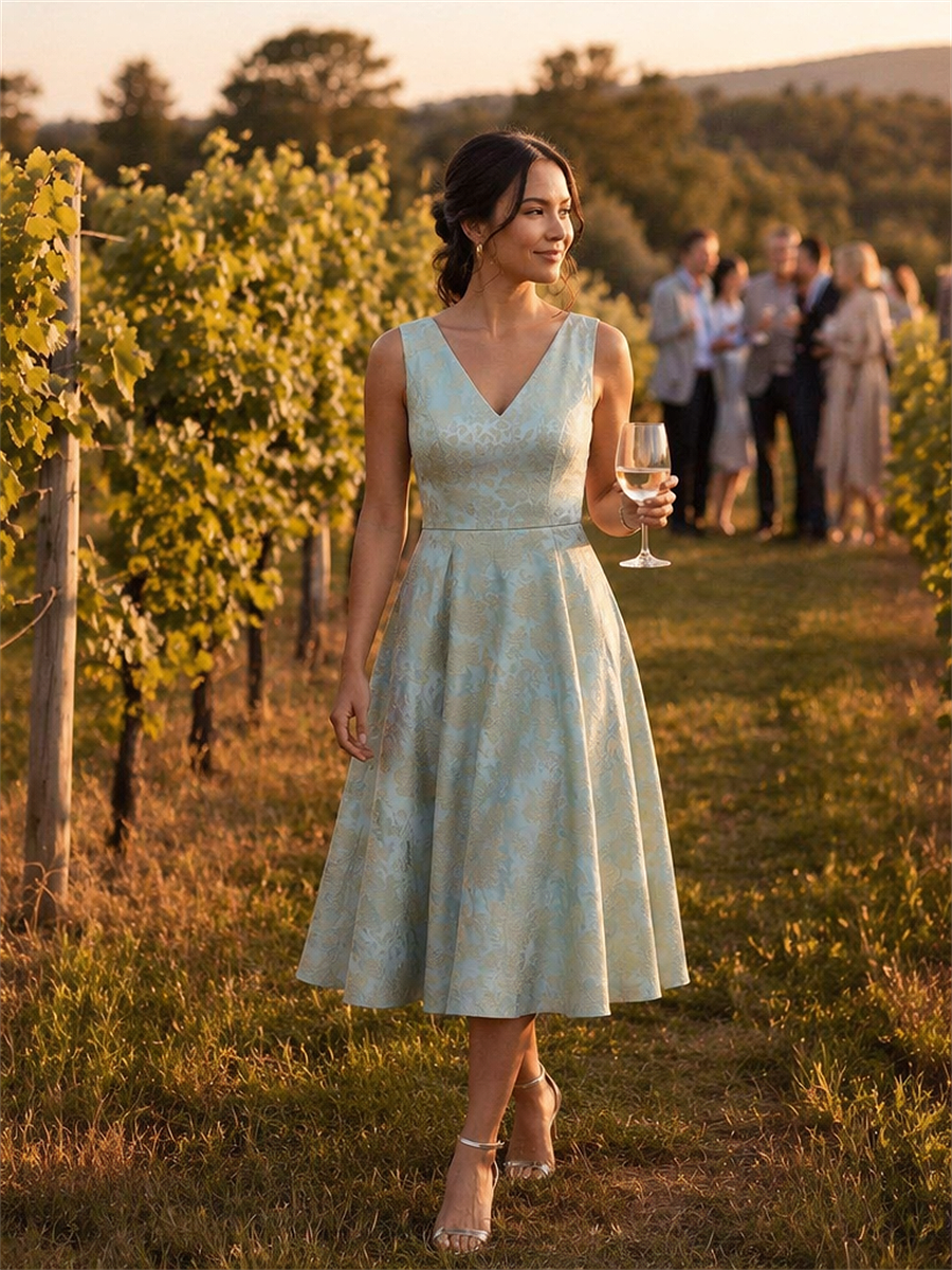 Floral Print Jacquard V-Neck Midi Wedding Guest Dress