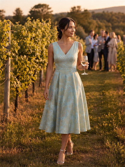 Floral Print Jacquard V-Neck Midi Wedding Guest Dress