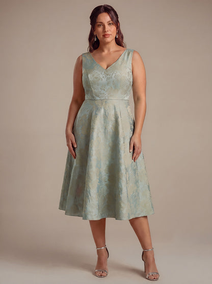 Plus Size Floral Print Jacquard Cap Sleeve Wedding Guest Dress