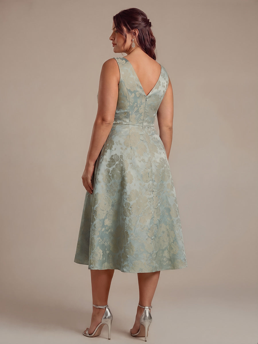 Plus Size Floral Print Jacquard Cap Sleeve Wedding Guest Dress