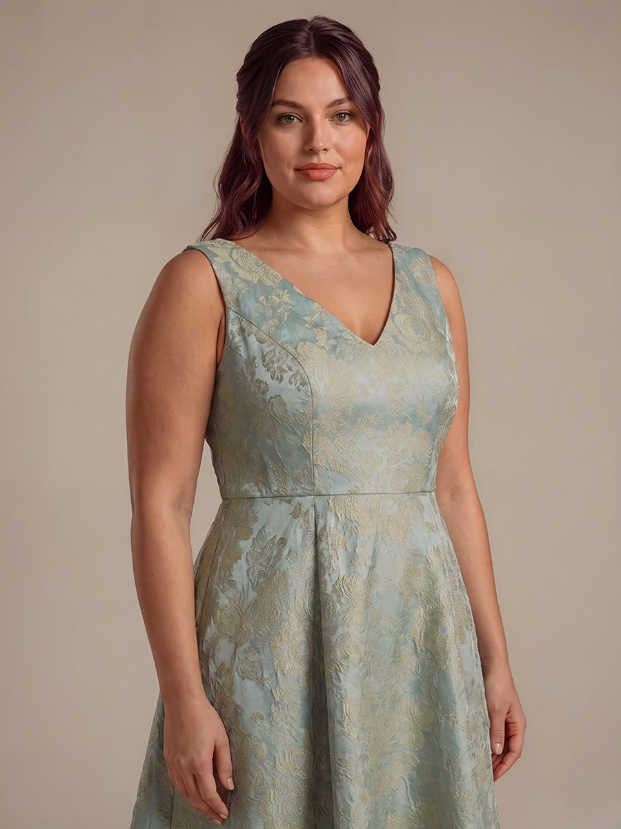Plus Size Floral Print Jacquard Cap Sleeve Wedding Guest Dress