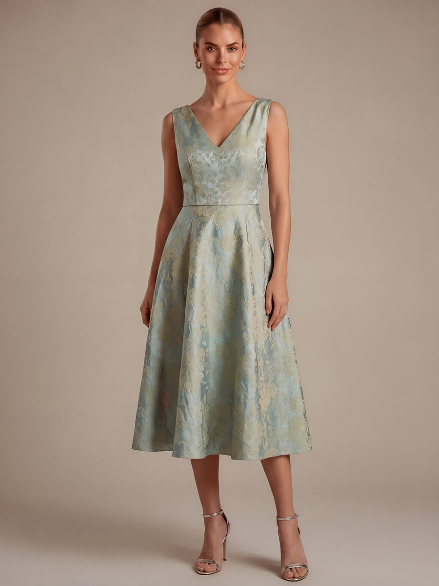 Floral Print Jacquard V-Neck Midi Wedding Guest Dress