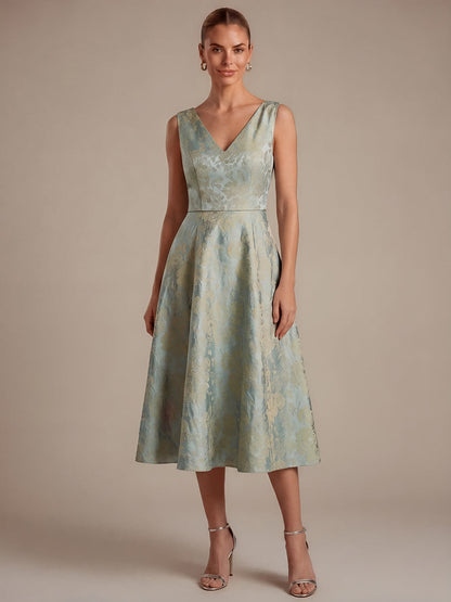Floral Print Jacquard V-Neck Midi Wedding Guest Dress