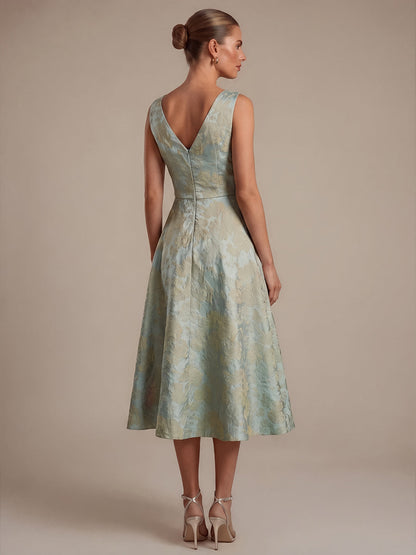 Floral Print Jacquard V-Neck Midi Wedding Guest Dress