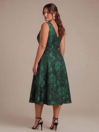 Plus Size Floral Print Jacquard Cap Sleeve Wedding Guest Dress