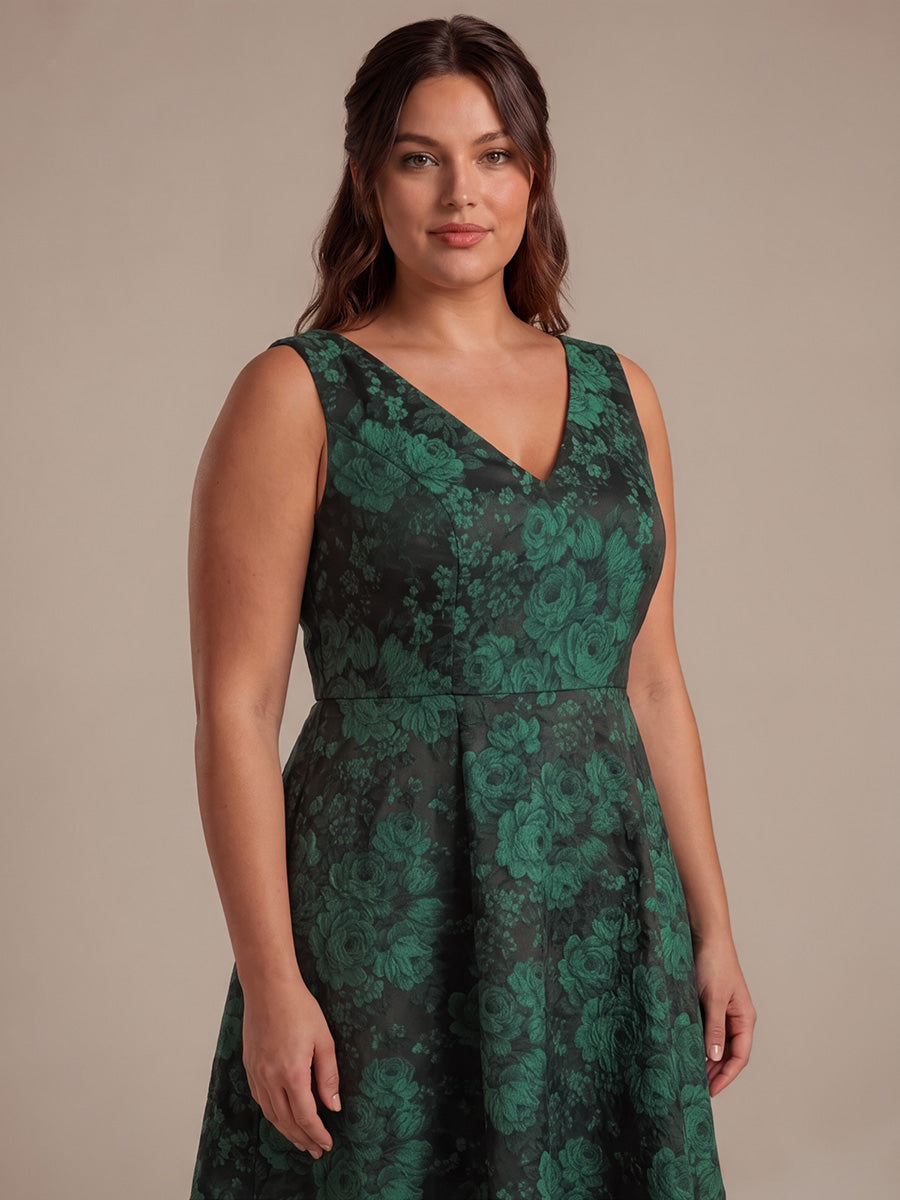 Plus Size Floral Print Jacquard Cap Sleeve Wedding Guest Dress