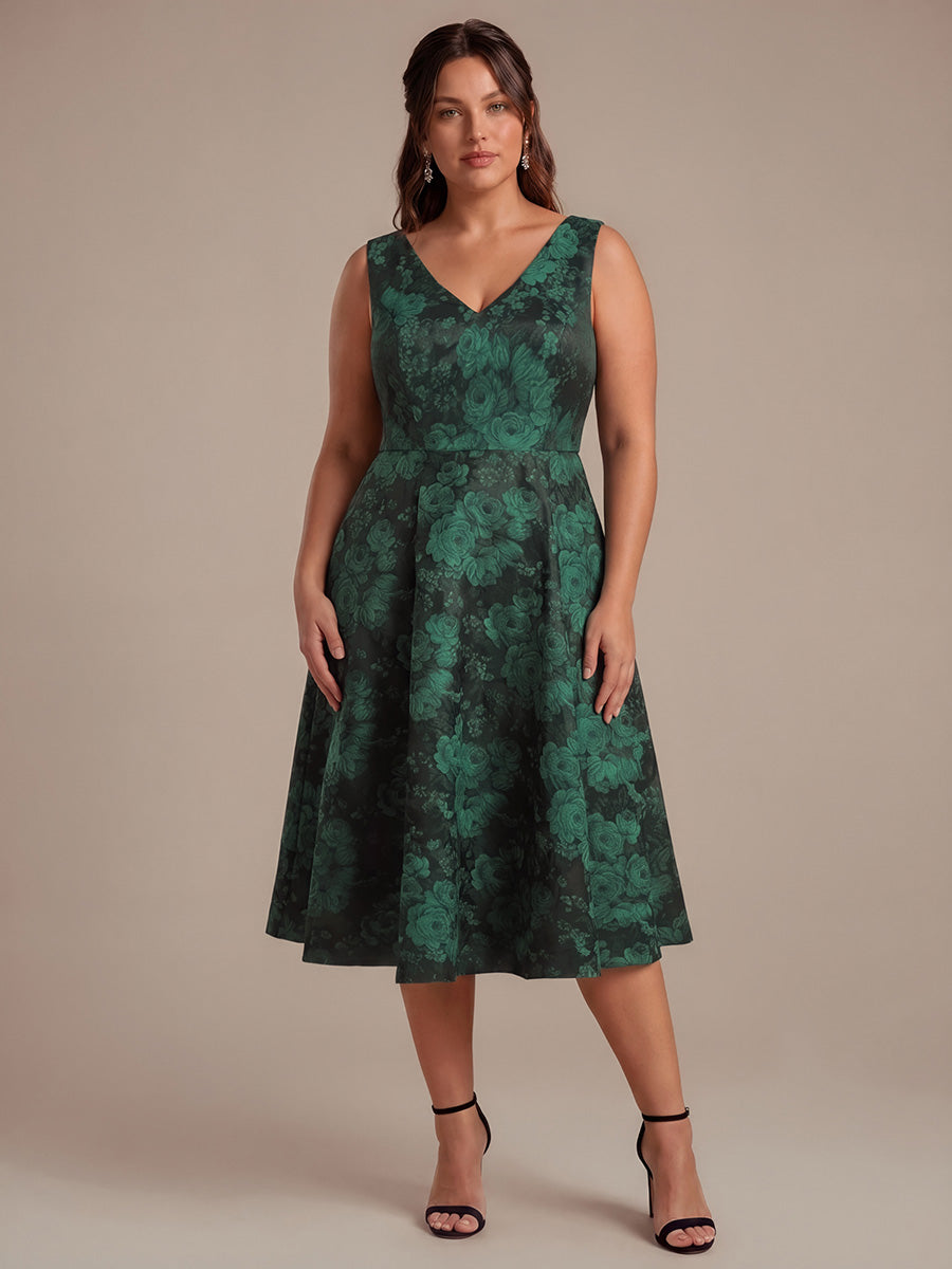 Floral Print Jacquard V-Neck Midi Wedding Guest Dress