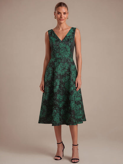 Floral Print Jacquard V-Neck Midi Wedding Guest Dress