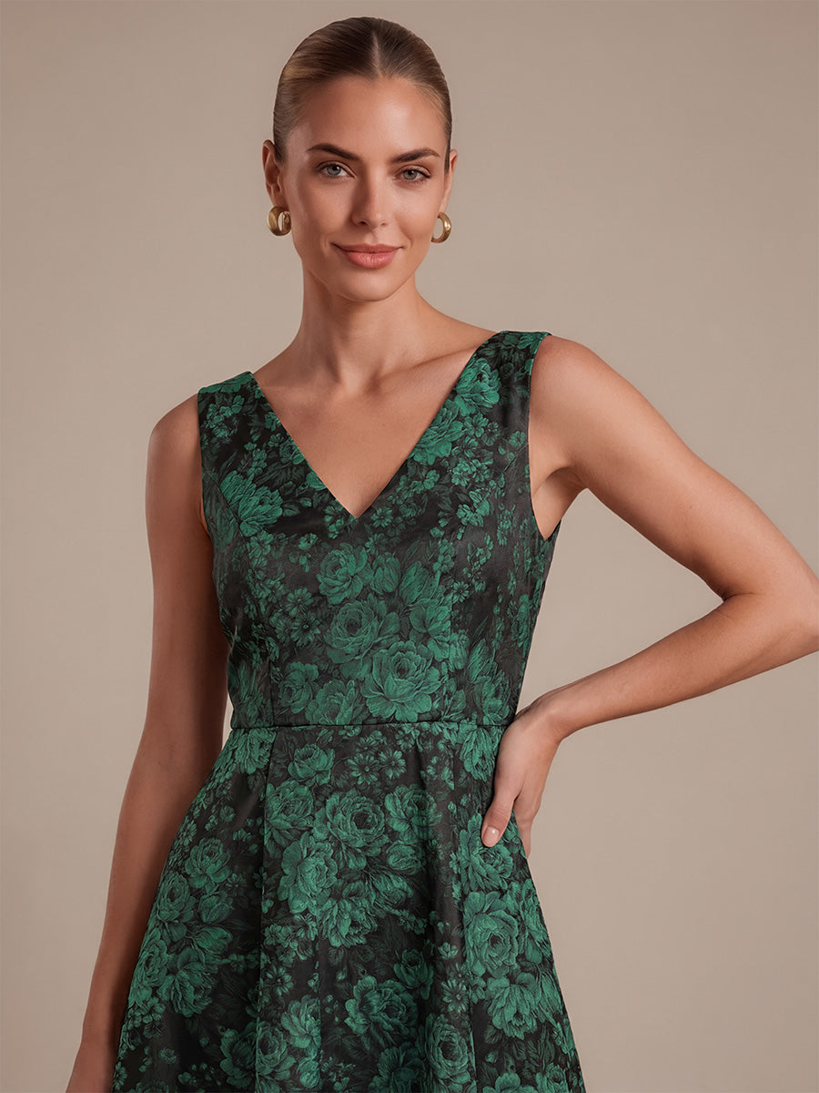 Floral Print Jacquard V-Neck Midi Wedding Guest Dress