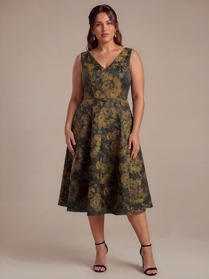Plus Size Floral Print Jacquard Cap Sleeve Wedding Guest Dress