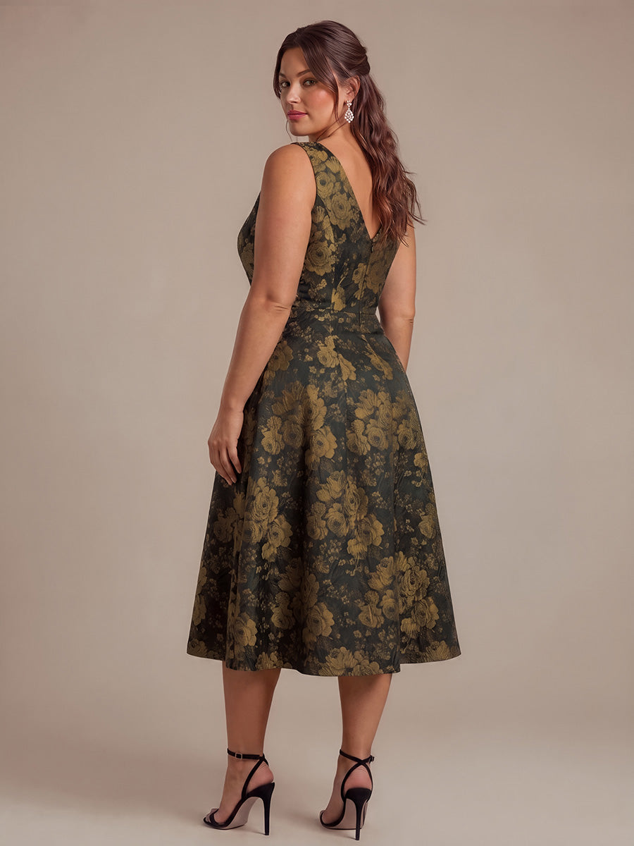 Plus Size Floral Print Jacquard Cap Sleeve Wedding Guest Dress